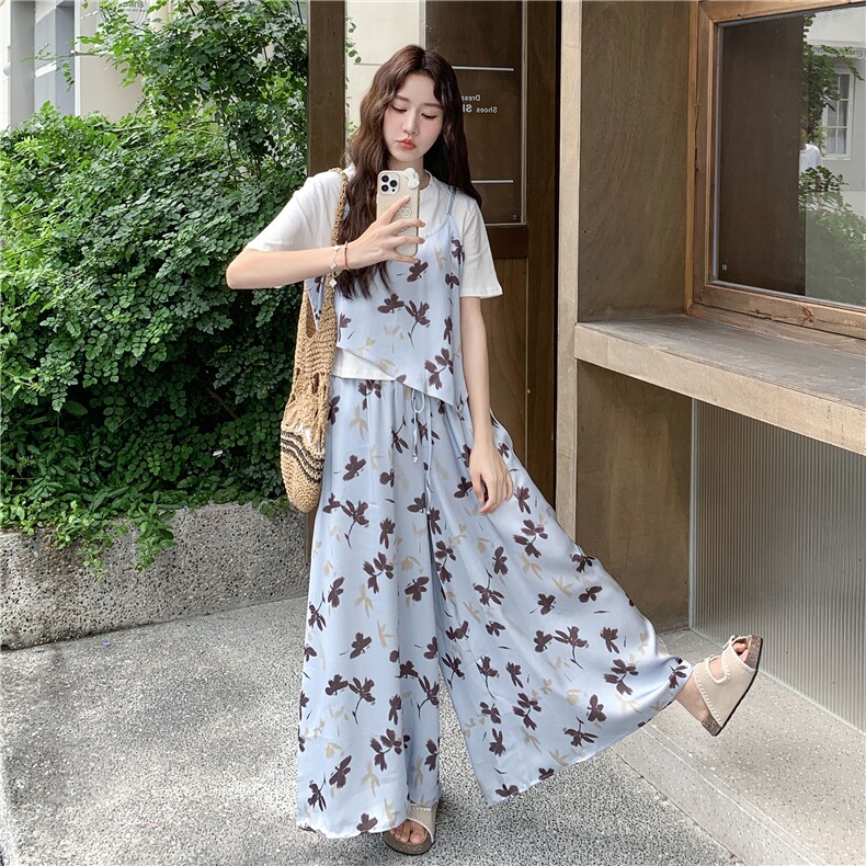撞色假两件碎花T恤套装女2025年夏装新款设计感休闲阔腿裤两件套,女装套装/套裙,2C122