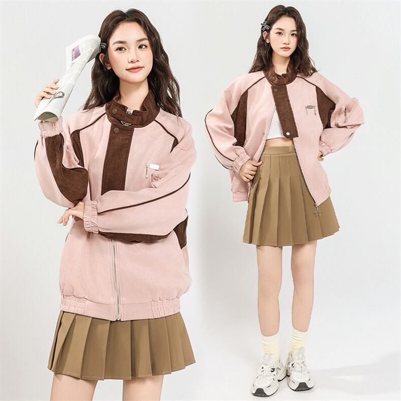 A493-P105 粉色麂皮绒拼接工装短外套春秋学院风小众棒球服图片