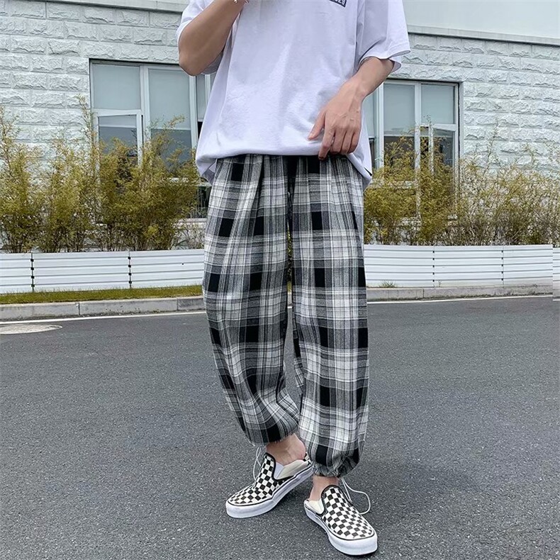 格子裤子男夏宽松抽绳束脚裤复古九分裤男士港风休闲裤K1240-P28,男装牛仔裤,星座512-2