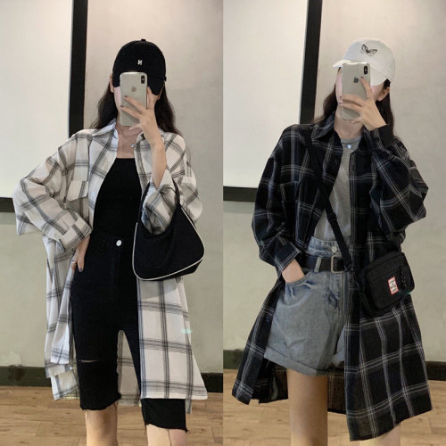 2021韩版修身秋装中长款BF风格子衬衫女开衫外套潮,女装衬衫,潮品会