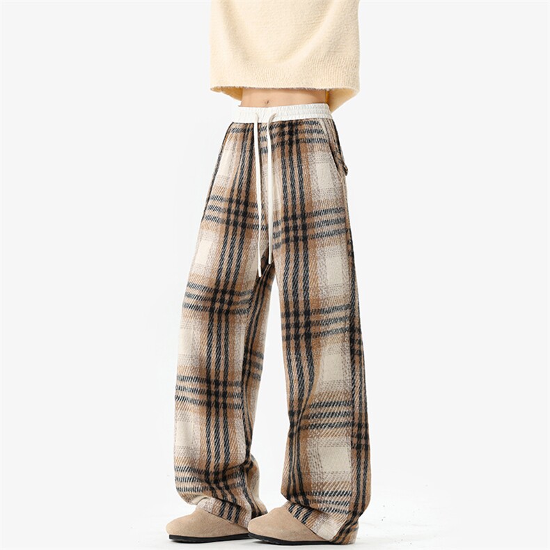 新款毛呢腰部撞色港风抗皱设计大码拖地格子裤男K24115-特P35控68,男装休闲裤,电商A001