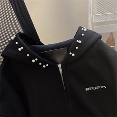 钉珠刺绣结构设计重磅秋冬全棉高品质美式高街连帽卫衣外套Y7813，女装短外套，电商A486-1