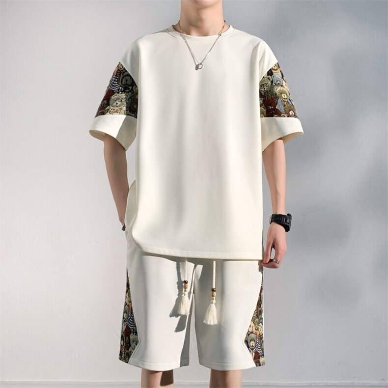 光版二开男士休闲运动套装刺绣短裤T恤两件套潮A266-TZ88580-P50，男装休闲套装，电商A266