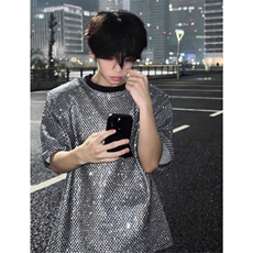 CP1186-P49计感垫肩t恤潮牌痞帅亮晶晶半拉链短袖男夏季高级感，男装T恤，电商B323A