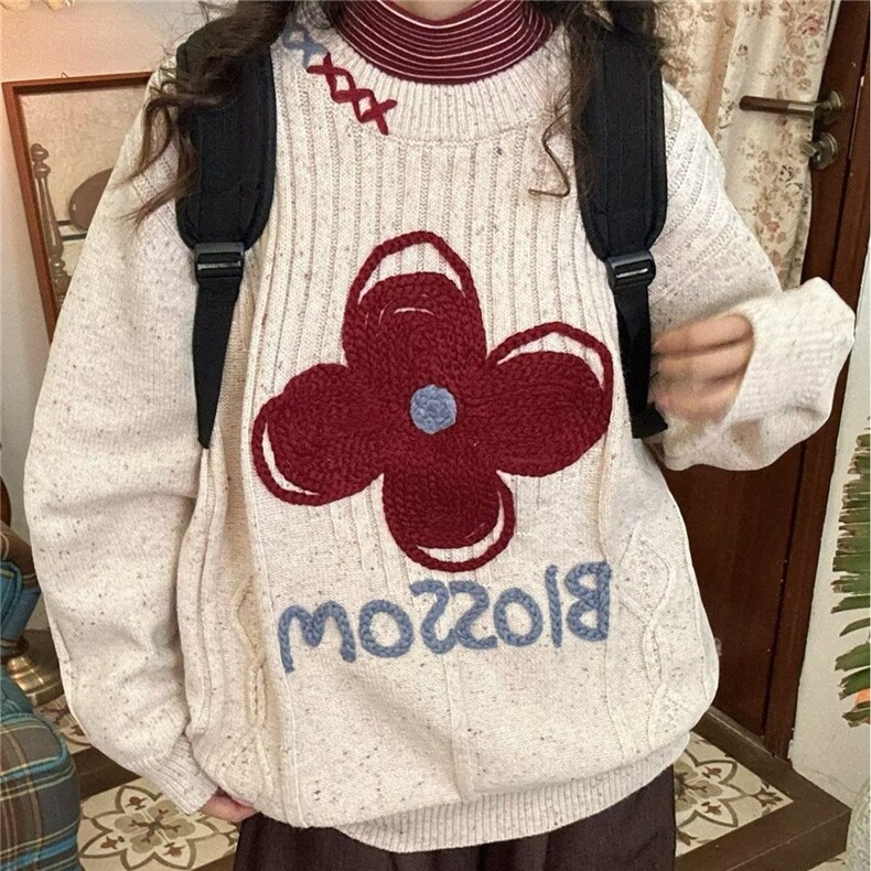 韩系卡通刺绣图案彩点毛衣女2026春秋情侣百搭软糯针织衫短款上衣图片