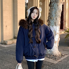 A581-P1282025冬季牛角扣大毛领连帽棉服外套中长款派克服，男装棉衣，星座911