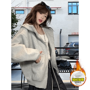 480G重磅加绒硬挺boxy 男女秋冬美式高街防风高领卫衣开衫厚外套图片