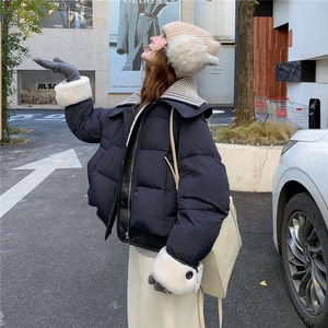 针织领羊羔毛PU皮拼接藏青50绒羽绒服 2C206-L677-P295-K448图片