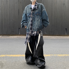 设计感假两件拼接格子衬衫做旧夹克宽松水洗牛仔外套JK08624-P85，男装工装外套，星座308B-1