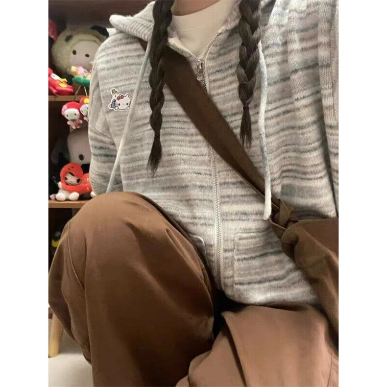 彩虹条纹2024新款女连帽针织开衫外套春秋宽松慵懒风秋冬毛衣,男装针织衫/毛衣,星座506A