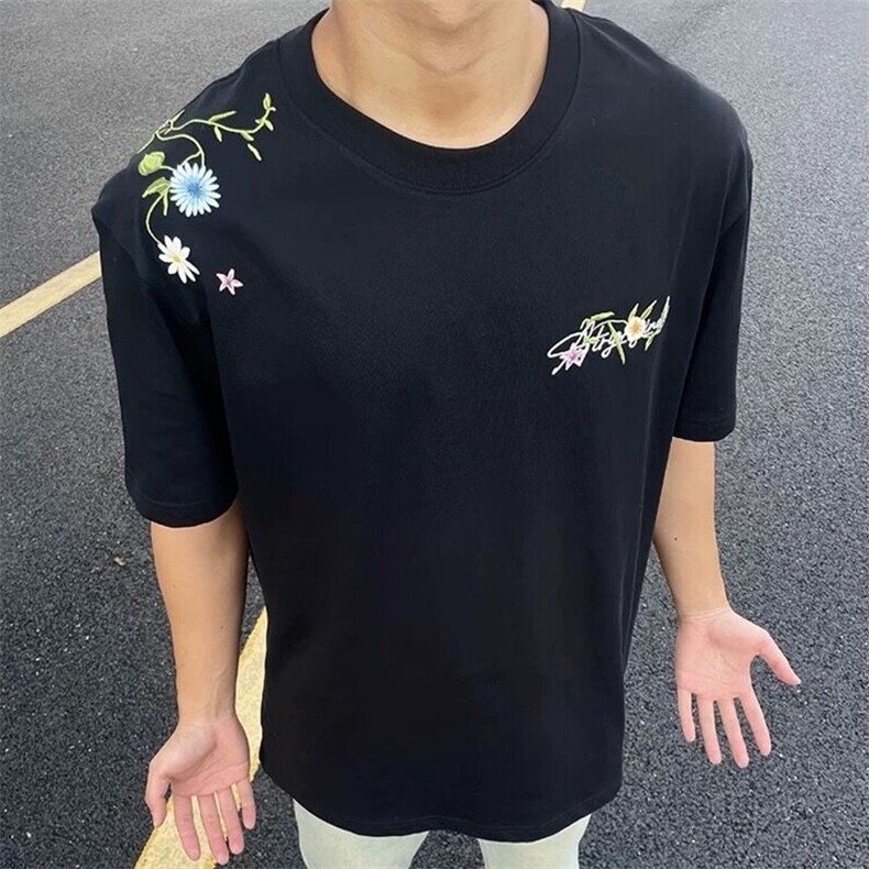 美式高街短袖男款夏季潮牌潮流纯棉重磅t恤花卉印花情侣装七分袖,男装T恤,电商B380（原B361）