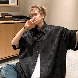 新中式绣花提花短袖衬衫港风休闲T恤图片