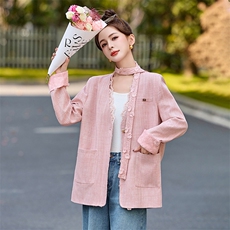 蕾丝花边粉色西装外套女2025春季新款高级感洋气百搭休闲宽松上衣，女装短外套，依如秀(原杭风阁)