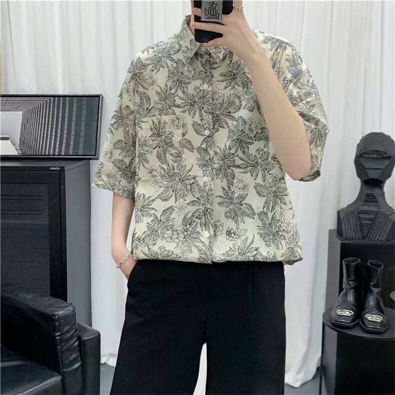 夏装印花短袖衬衫男ins港风潮牌小众设计感衬衣宽松寸衫CS31-P32图片