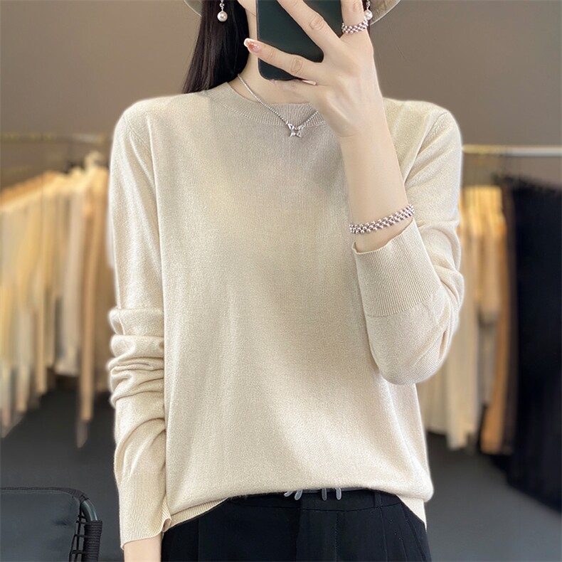 精纺衫女春秋桑蚕丝内搭半高领薄款毛衣宽松针织打底衫,针织衫/毛衣,暖烁羊绒