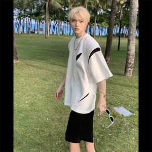 潮流气质慵懒新款无品牌百搭美式网眼透气短袖男夏解构分割日系图片