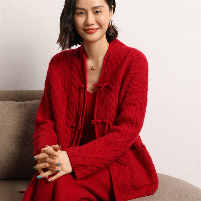 2024年秋季绞花手工盘扣纯色时尚羊绒针织开衫,女装羊绒衫,五色羊羊绒