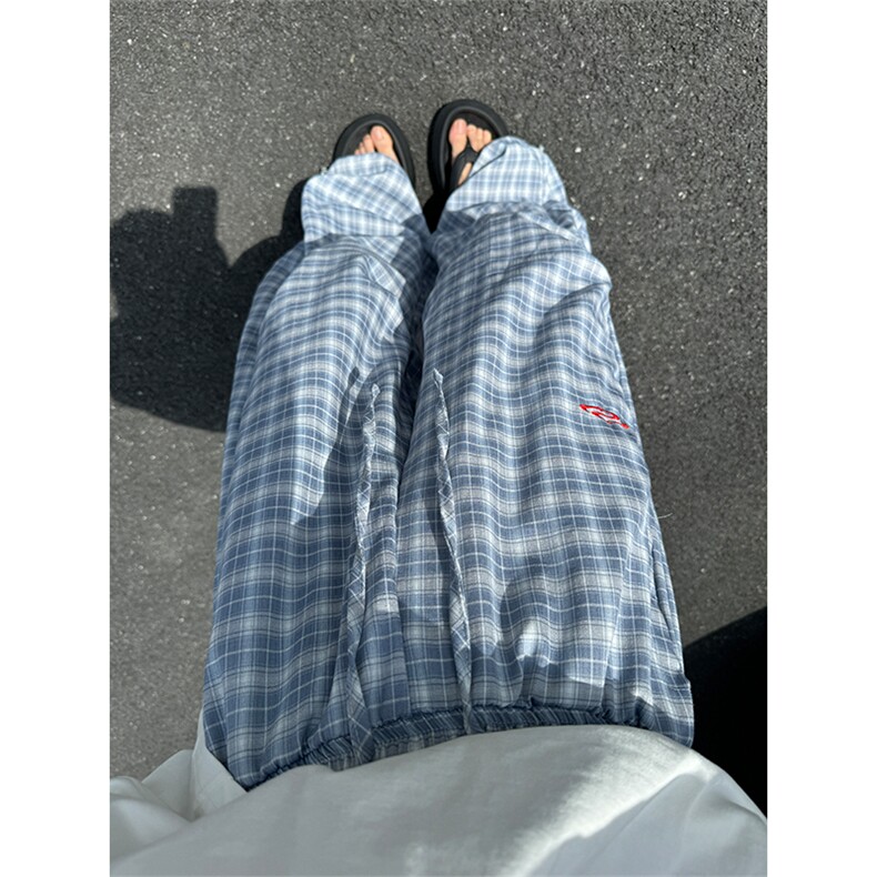 XZ1005-1-TTH600-P55美式复古蓝色弯刀格子裤慵懒风垂坠感阔腿裤，男装休闲裤，星座1005-1