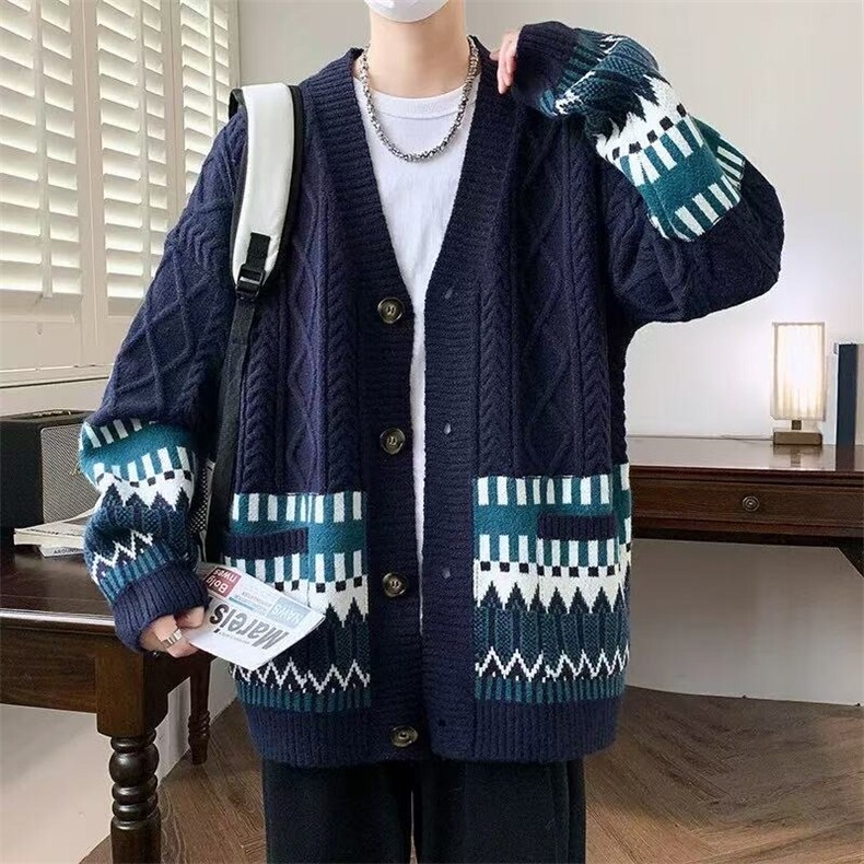 针织开衫男秋冬季美式宽松麻花线衣外套情侣款V领慵懒风男士毛衣，男装针织衫/毛衣，星座1210-1