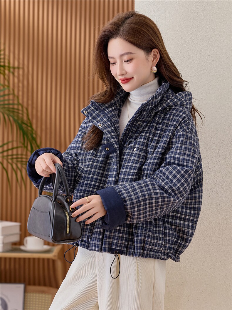 复古格子羽绒棉服女2025冬季新款短款保暖棉衣巨好看的夹棉厚外套,女装棉衣/棉服,涵誉