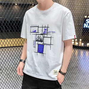 夏季港风大码宽松方格短袖T恤男圆领纯棉中袖卫衣模灰T9555图片