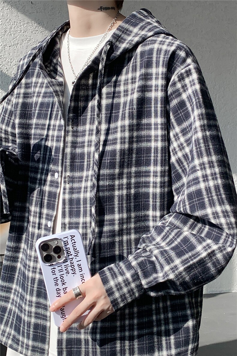 连帽格子衬衫男春季宽松大码慵懒风复古潮牌格纹休闲外套CS29011,男装衬衫,电商B312