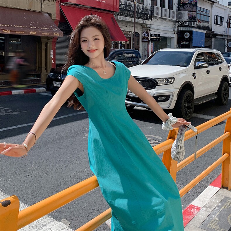 法式复古气质简约圆领连衣裙女2025夏季新款韩版收腰显瘦甜美长裙,女装连衣裙,2C220