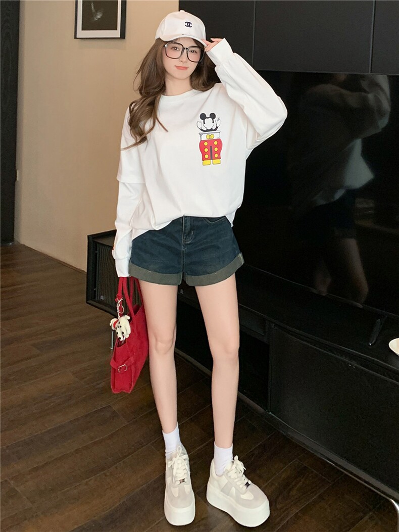 潮流休闲时尚运动套装女早秋新款圆领卡通印花上衣牛仔短裤两件套,女装套装/套裙,江南