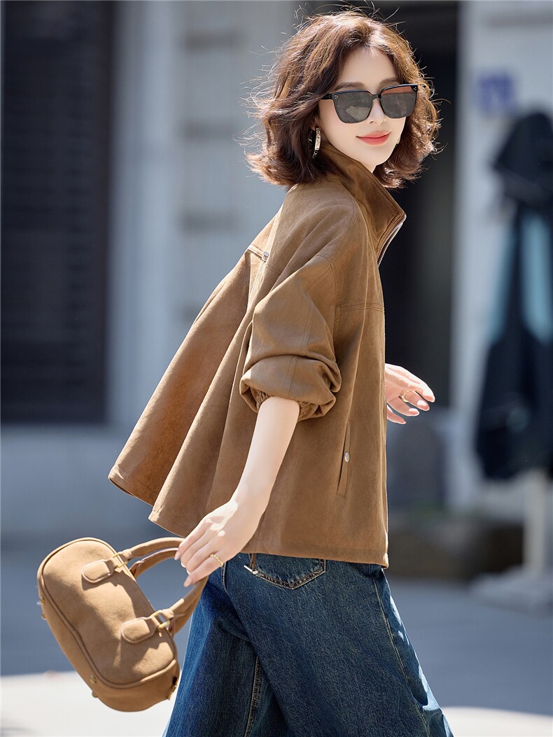 咖色美式复古立领麂皮绒外套女2026早春新款韩版宽松百搭短款夹克,女装短外套,梦懿尔