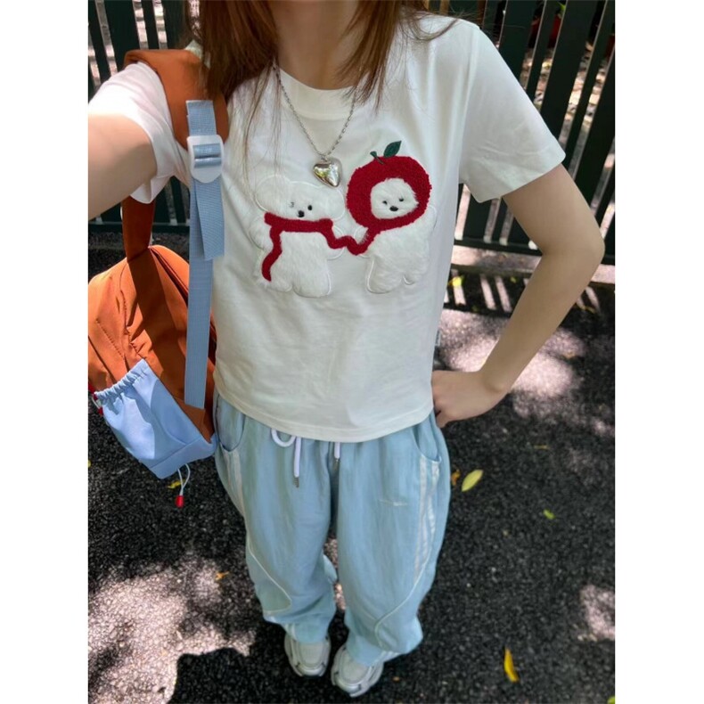 H1002-P35原版工艺+毛巾绣包边拉肩休闲短袖T恤,女装T恤,星座617A-2