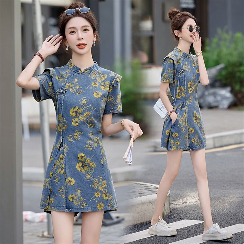2025夏季新款时尚超好看高级感新中式国风盘扣印花牛仔短裤套装女,女装套装/套裙,依路服饰