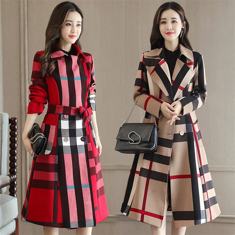 中长款长袖2021年秋季常规通勤风衣格子气质街头，女装风衣，尚洛菲