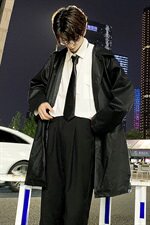 港风后背字母印花皮风衣男中长款过膝外套A090-FY90P115限138，男装风衣，电商A089-1