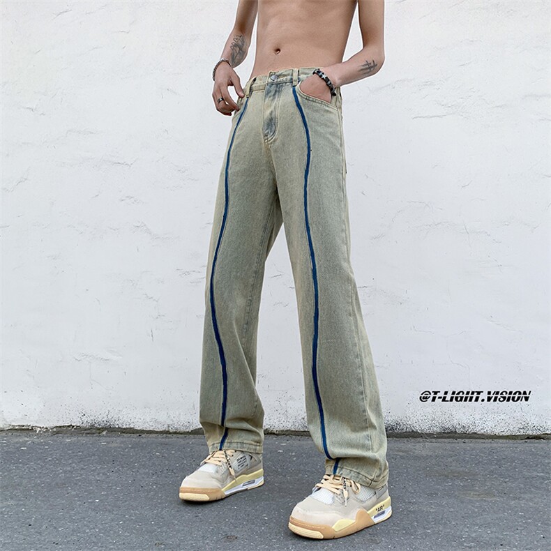 B221美式ins高街暗黑小众毛边破洞直筒牛仔裤LK23104-P65控88,男装牛仔裤,电商B221