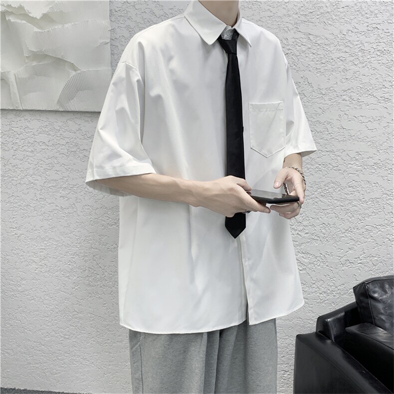 白色领带衬衫男情侣套装宽松短袖衬衣潮韩版学院风衬衫W974-P28,男装衬衫,星座512-2