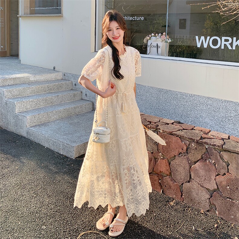 米白色温柔风蕾丝连衣裙女2025年夏季新款今年流行法式气质茶歇裙,女装连衣裙,2C317A