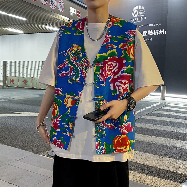 秋新东北大花布马甲修身背心马甲坎肩盘扣演出服男女大码外衣MJ02,男装背心/马甲,星座115A(原星座507）