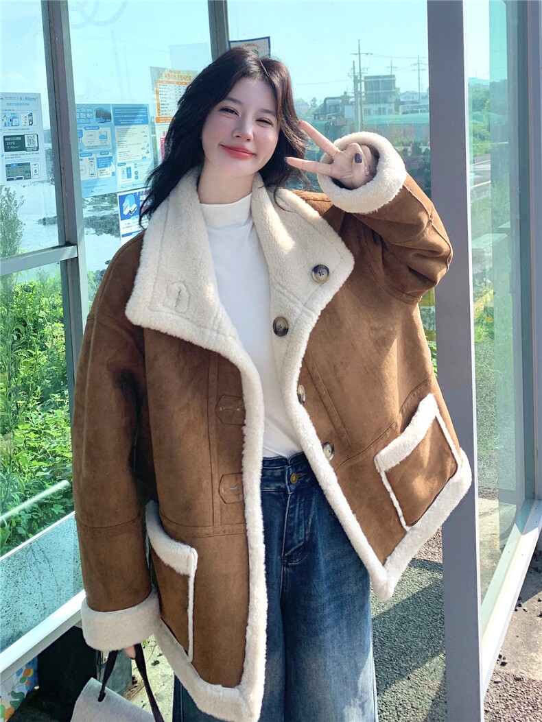 减龄两面穿咖色皮毛一体外套女冬季2025新款羊羔毛小个子加厚棉服,女装羊羔毛/颗粒绒,诺蝶