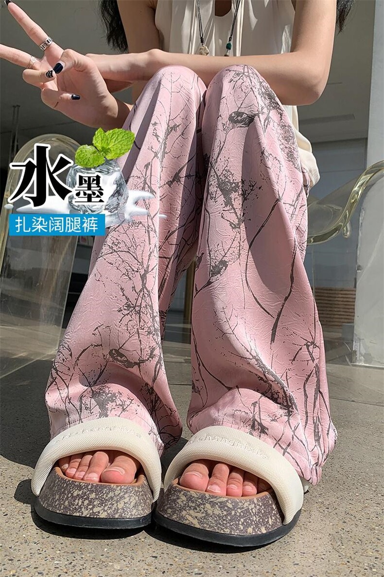 醋酸冰丝水墨阔腿裤子女2024夏季薄款高腰显瘦垂感凉凉休闲裤,女装休闲裤,梦白服饰厂