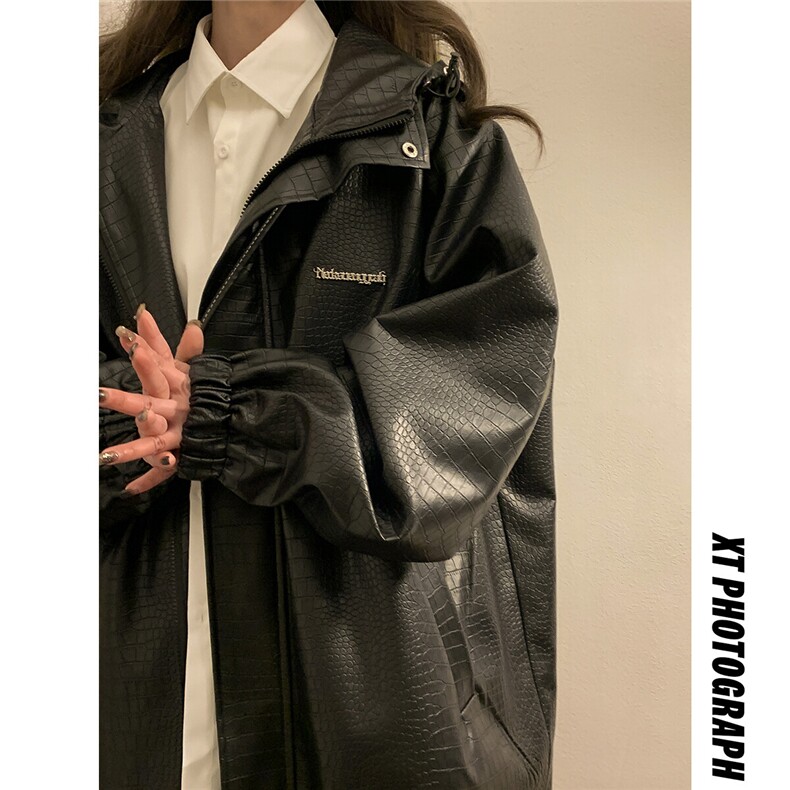 中性连帽鳄鱼纹PU皮衣大码情侣休闲冲锋衣夹克男JK8744P90控128,女装短外套,星座226-1