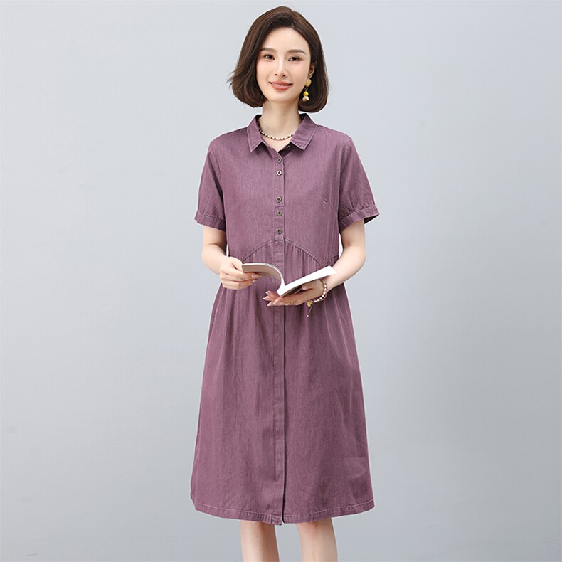 中年妈妈薄款纯棉牛仔连衣裙女2025夏季新款宽松休闲减龄衬衫裙子,女装连衣裙,韩派