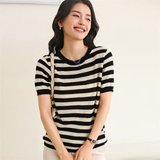 设计感圆领黑白条纹短袖天丝T恤女夏内搭宽松慵懒风针织上衣外穿，女装T恤，伊绒腾羊绒