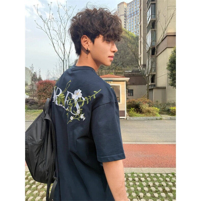 现货 美式街头花卉刺绣短袖t恤男夏季宽松休闲半袖体恤LT255-p40图片