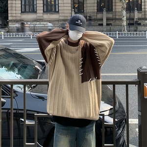 秋冬男圆领套头毛衣条纹拼色穿孔抽绳针织衫休闲外套M627 P55图片