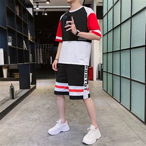 夏季纯棉短袖t恤男潮流帅气宽松五分袖套装男 F214P58图片