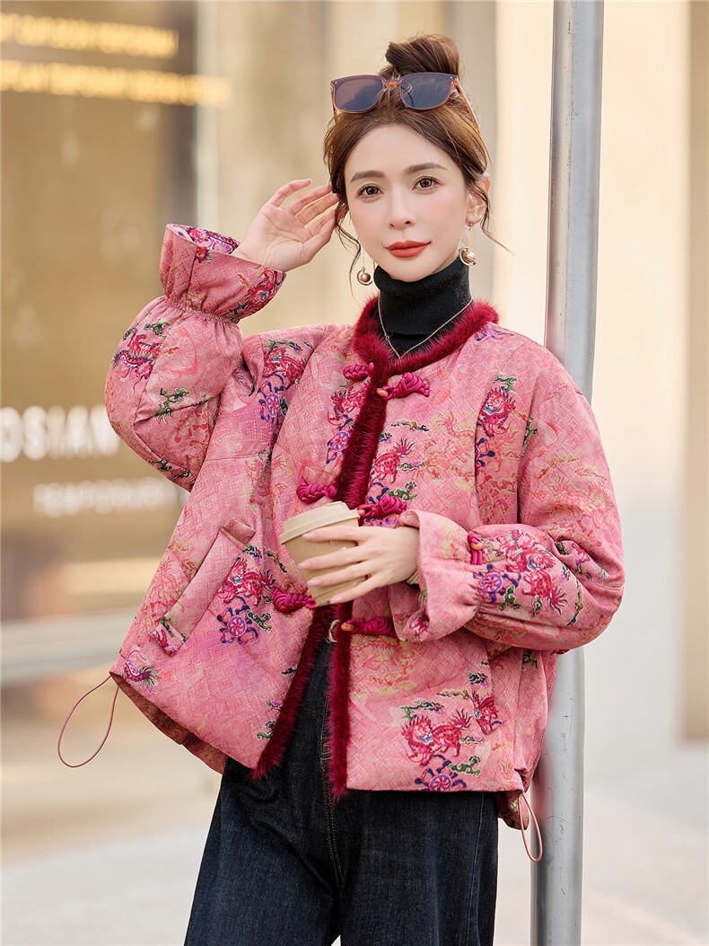 《欧货bao款现货》新中式100人丝高档提花面料90羽绒服真水貂毛,女装羽绒服,小九月