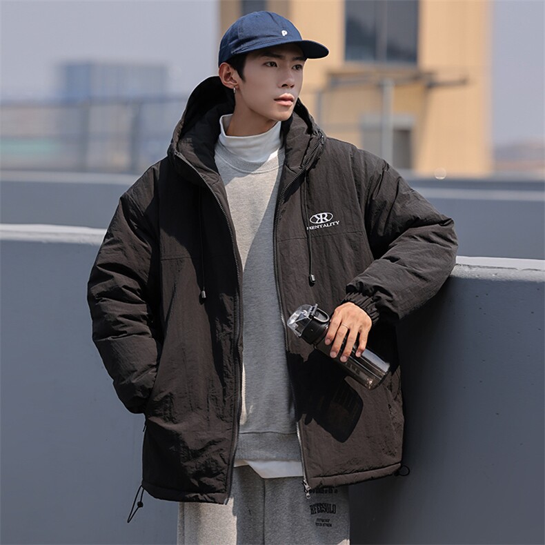 冬季日系简约保暖加厚连帽抽绳休闲宽松棉衣外套男MY9081-P100,男装棉衣,电商A128
