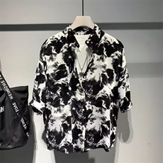 夏季薄款短袖撞色衬衫男生港风复古胖子衬衣高级大码痞帅休闲上衣，男装衬衫，电商B212（原钱塘6029）