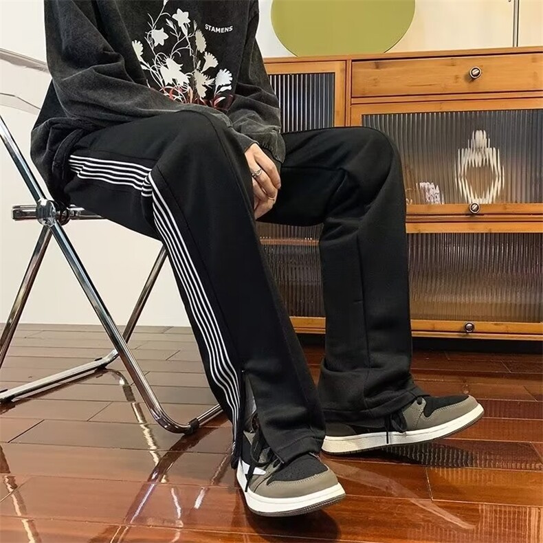 春秋条纹运动裤男直筒港风潮牌ins垂感休闲百搭九分裤子CK82P38,男装休闲裤,星座410-2