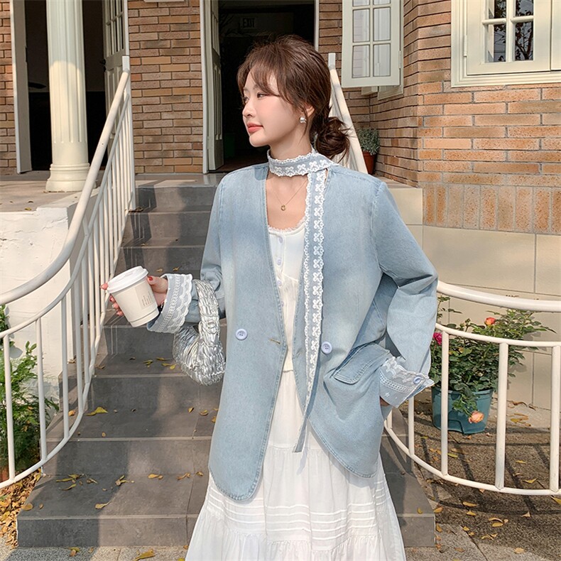现货蕾丝拼接牛仔西装2531P145控218,女装短外套,2C201